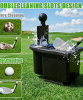 Universal Golf Cart Ball Washer And Club Head Cleaner Kit With Easy Snap Mount And Bad Ass Heavy Duty Power Brushes To Wash Down Your Toys And Feel Right At Home showing double cleaning slots design with dirty and clean golf items.
