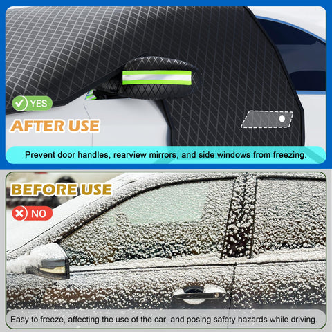 Comparison image: Before and After using the All Season Magnetic Windshield Cover For Ice And Snow, Universal Fit For Cars, SUVs, And Trucks.