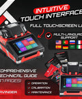 Pro Grade Fiber Optic Fusion Splicer With Core And Cladding Alignment 6 Second Splice And 16 Second Heat Integrated VFL And OPM Touchscreen Controller All In One Splice Kit Included showing touchscreen interface and technical guide.