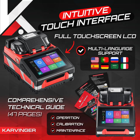 Pro Grade Fiber Optic Fusion Splicer With Core And Cladding Alignment 6 Second Splice And 16 Second Heat Integrated VFL And OPM Touchscreen Controller All In One Splice Kit Included showing touchscreen interface and technical guide.