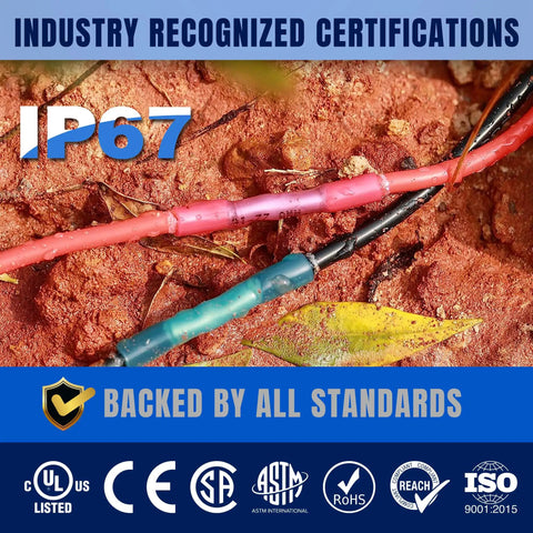 220-Piece Heat Shrink Butt Connectors Kit With KableSeal Tech shown with IP67 certifications and waterproof connections.