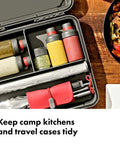 Outdoor 7 Piece Spice Shaker and Squeeze Bottle Set for Camping and Camp Kitchen Setup Leakproof Lids in a travel case