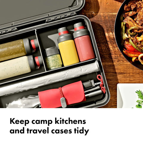 Outdoor 7 Piece Spice Shaker and Squeeze Bottle Set for Camping and Camp Kitchen Setup Leakproof Lids in a travel case