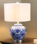 Blue And White Floral Ceramic Table Lamp With White Linen Shade And Brushed Nickel Accents 3 Way Lighting Ginger Jar Inspired Decor