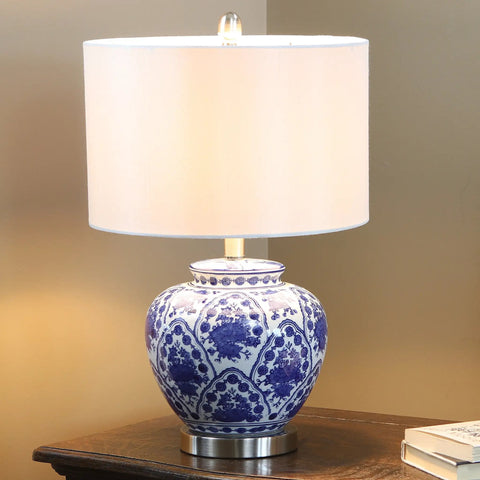 Blue And White Floral Ceramic Table Lamp With White Linen Shade And Brushed Nickel Accents 3 Way Lighting Ginger Jar Inspired Decor