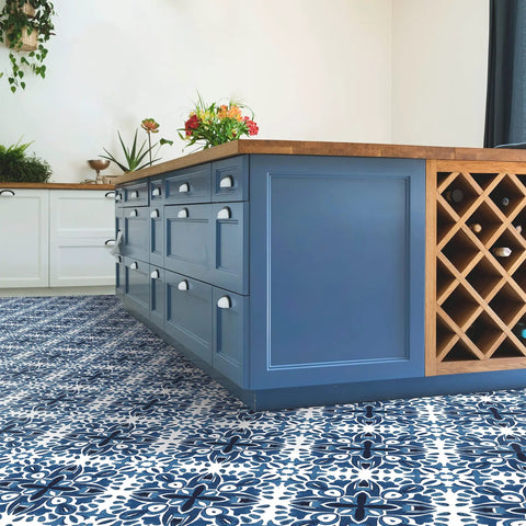 Amalfi Blue Peel And Stick Floor Tiles Pack Of 20 12 By 12 Inch Self Adhesive Tiles With Ceramic Look in a kitchen setting.