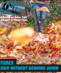 Person using a Cordless Leaf Blower And Vacuum With Brushless Motor, 6 Variable Speeds Up To 180 MPH, in garden with fallen leaves.
