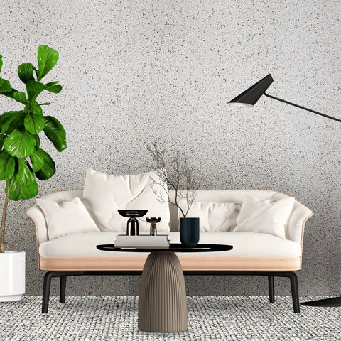 Top Shelf Cream Off White Textured Stone Wallpaper With Real Natural Mica And Subtle Gold Shimmer For A Straight Up Knockout Peel And Stick Room Makeover applied behind modern decor.