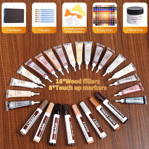 Ultimate Diy Friendly Wood Floor Scratch Repair Kit With 39 Piece Set Including 18 Wood Fillers And 8 Furniture Markers displayed.