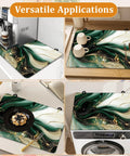 Green Gold Marble Stovetop Cover For Glass Cooktops, versatile applications on countertops with coffee maker, cups, and laundry