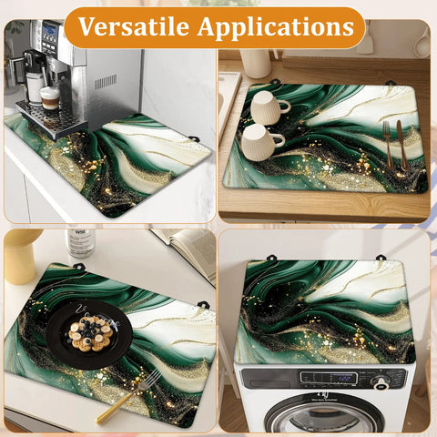 Green Gold Marble Stovetop Cover For Glass Cooktops, versatile applications on countertops with coffee maker, cups, and laundry