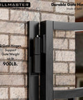 Seven Inch Heavy Barrel Gate Hinges Built Tough As Nails Rock Solid Steel Construction Supports 900 Pounds Weld On Matte Black Finish installed on brick wall.