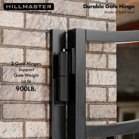 Seven Inch Heavy Barrel Gate Hinges Built Tough As Nails Rock Solid Steel Construction Supports 900 Pounds Weld On Matte Black Finish installed on brick wall.