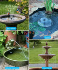 Collage showing 8W Solar Fountain Pump with 3600mAh Battery Backup for bird bath, garden pond, and water features in use.