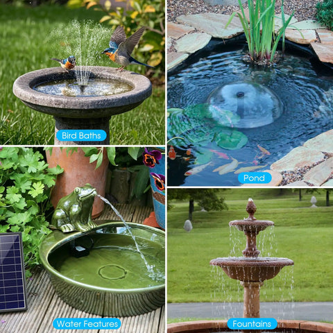 Collage showing 8W Solar Fountain Pump with 3600mAh Battery Backup for bird bath, garden pond, and water features in use.