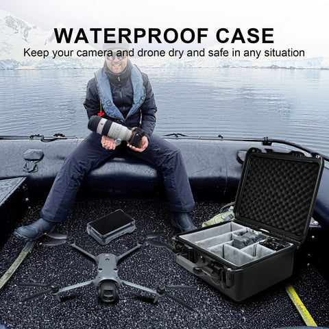 Man with camera near Waterproof Hard Case With Padded Dividers For Drones And Cameras Fits DJI Mavic 4 Pro Air 3S Mini 5 Pro 4 3