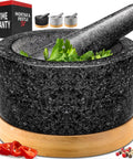 Heavy Duty 100 Percent Natural Granite Mortar And Pestle Set With Bamboo Base 2 Cup Capacity Black Stone Grinder with herbs