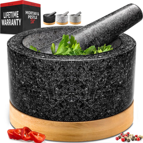 Heavy Duty 100 Percent Natural Granite Mortar And Pestle Set With Bamboo Base 2 Cup Capacity Black Stone Grinder with herbs