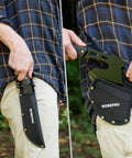 Outdoor Axe And Fixed Blade Knife Set With Full Tang And Wood Handle for Camping, user securing tools in sheath