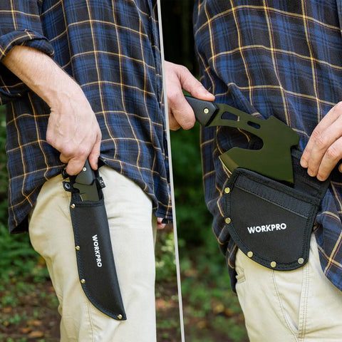 Outdoor Axe And Fixed Blade Knife Set With Full Tang And Wood Handle for Camping, user securing tools in sheath