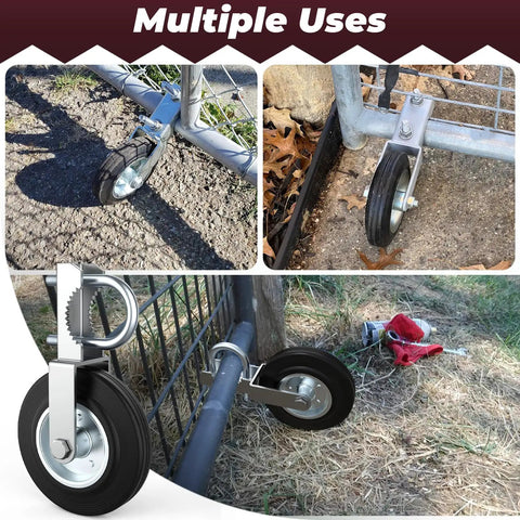 Heavy Duty Gate Wheels For Metal Swing And Sliding Fences Built To Crush A Massive Five Hundred Pound Weight Limit with support casters in use.