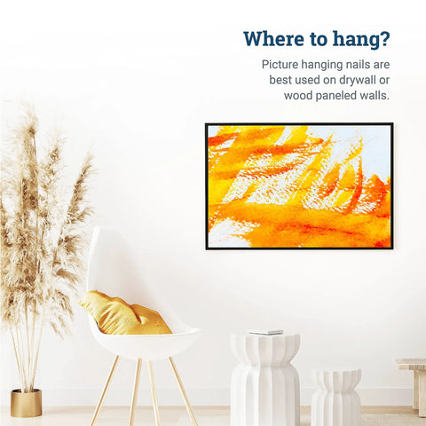 Room interior with art, illustrating Heavy Duty Picture Hooks For Walls With 50 Lb Capacity Durable Drywall Hangers And Nails