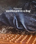 Close-up of Compact Travel Laundry Washbag featuring Patented Flex Washboard design in use with water and fabric.