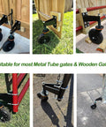 Eight Inch Heavy Duty Gate Rollers Two Pack installed on wooden and metal tube gates for smooth, sag-free movement.