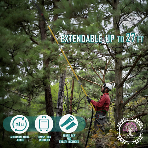 Person using Extendable Pole Saw For Tree Trimming With 7.3 To 27 Ft Reach Long Handle Pruner Sharp Steel Blade in forest