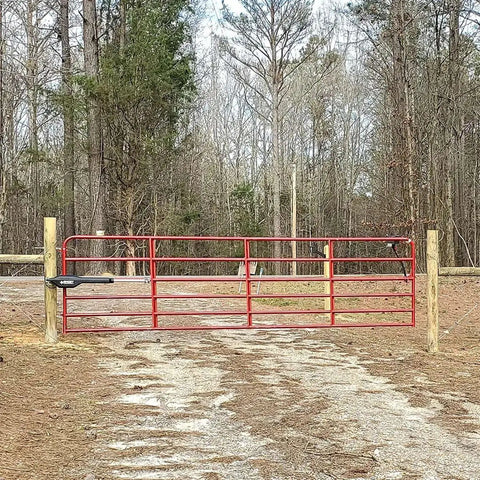 Legit Heavy Duty Automatic Swing Gate Opener Kit With Smart Ready Motor And Dope Long Range Remote Control For Residential Driveway Up To Nine Hundred Pounds on a red gate installation.