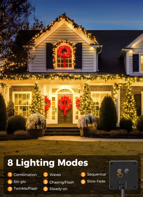 Outdoor house decorated with Solar Powered Outdoor String Lights 40 Ft 100 LED With 8 Lighting Modes IP65 Waterproof