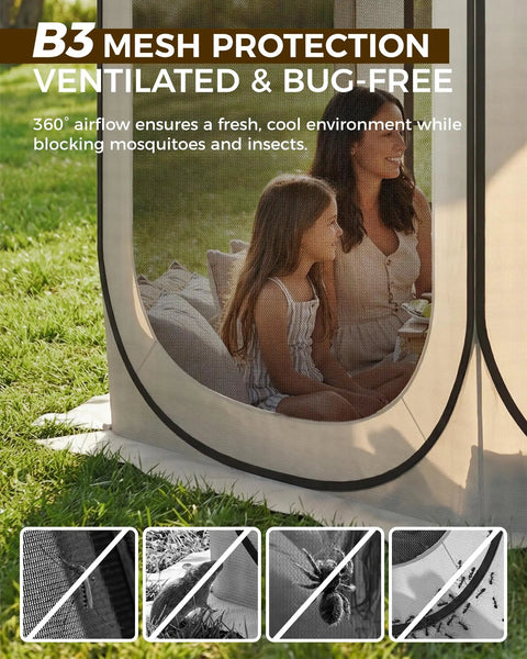 10x10 Ft Pop Up Screen House Tent With Mesh Doors Portable Instant Screen Room Gazebo UV Shield Silver Coated Mesh Easy Setup