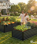 Couple walking past Galvanized Raised Garden Bed Kit 72 By 36 By 24 Inches Large Metal Planter Box with vegetables and flowers