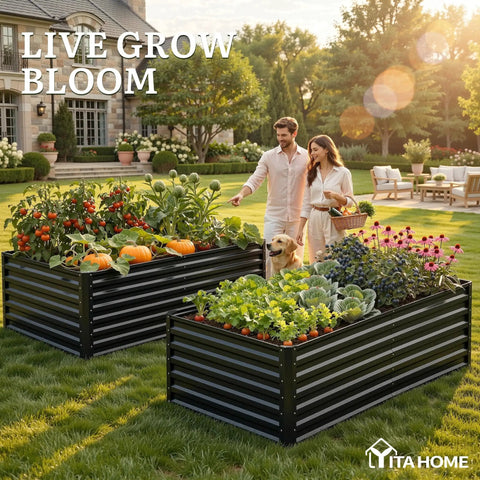 Couple walking past Galvanized Raised Garden Bed Kit 72 By 36 By 24 Inches Large Metal Planter Box with vegetables and flowers