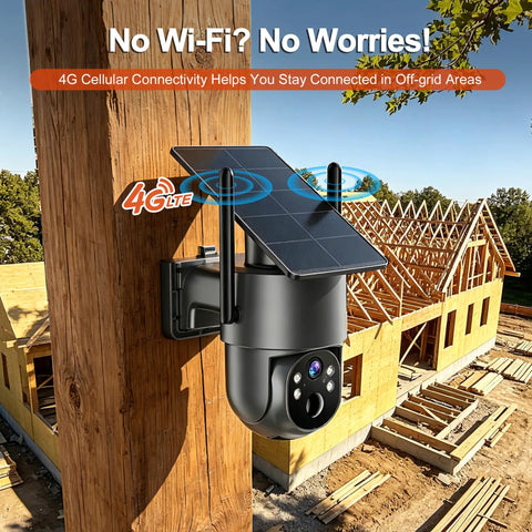 Wireless Cellular PTZ Security Camera For Outdoor Monitoring With Solar Charging And Straight Up 4G Signal, mounted on wood post.
