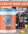 Heavy Duty Cleaning Wipes For Every Surface And Hands, 90 Count container in a garage setting with citrus scent label