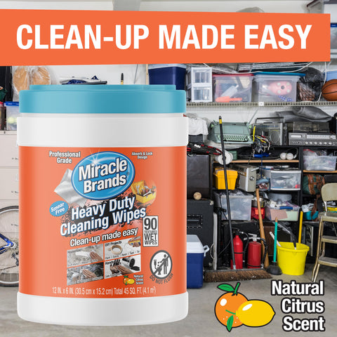 Heavy Duty Cleaning Wipes For Every Surface And Hands, 90 Count container in a garage setting with citrus scent label