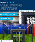 Heavy Duty 9 Hole Baseball Pitching Net With Built In Backstop And Suspended Strike Zone Target, showing steel frame and heavy-duty netting.