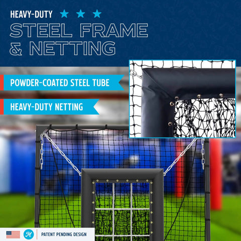 Heavy Duty 9 Hole Baseball Pitching Net With Built In Backstop And Suspended Strike Zone Target, showing steel frame and heavy-duty netting.
