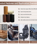 Self Adhesive Leather Repair Tape 4x63 Inches For Damaged Leather Furniture Sofa Car Seats And Leather Goods Black DIY Friendly Durable Quick Fix For Tears Scratches And Cracks displayed with various color options and uses including sofa, car interior, motorcycle seat.