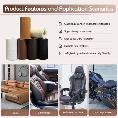 Self Adhesive Leather Repair Tape 4x63 Inches For Damaged Leather Furniture Sofa Car Seats And Leather Goods Black DIY Friendly Durable Quick Fix For Tears Scratches And Cracks displayed with various color options and uses including sofa, car interior, motorcycle seat.