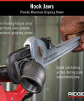 Close-up of 14 Inch Aluminum Straight Pipe Wrench For 2 Inch Pipe Capacity With Quick Ratcheting Action in use on a pipe.
