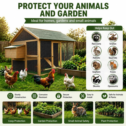 Heavy Duty 304 Stainless Steel Hardware Cloth 1/2 Inch 20 Gauge Welded Mesh Chicken Wire Fencing surrounding chicken coop with chickens.