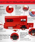 Heavy Duty Rolling Door Lock For Storage Containers Trailers And Box Trucks Maximum Security Keyed Lock Fits Roll Up Doors Up To 5 Inch Handle And One And A Quarter Inch Thick Built Tough Steel Construction Weather Resistant Easy Secure Access with red finish and keyhole view.