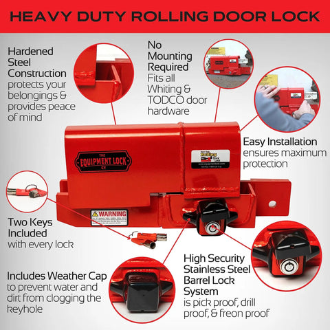Heavy Duty Rolling Door Lock For Storage Containers Trailers And Box Trucks Maximum Security Keyed Lock Fits Roll Up Doors Up To 5 Inch Handle And One And A Quarter Inch Thick Built Tough Steel Construction Weather Resistant Easy Secure Access with red finish and keyhole view.