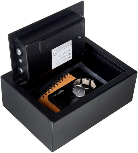 Open Slim Desk Drawer Safe With Programmable Electronic Keypad For Quick Access Locks It Down In A Drawer One Tenth Cu Ft Capacity