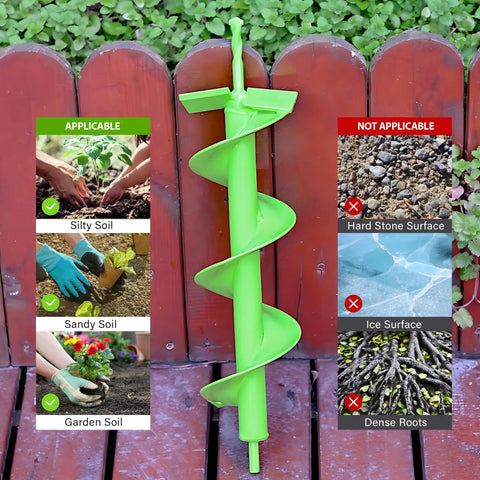 Upgrade Spiral Garden Auger Drill Bit 16 Inch By 4 Inch Heavy Duty Double Blade for planting, shown with soil types