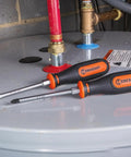 Two Piece Dual Material Screwdriver Set With Phillips Two By Four Inches And Slotted One Quarter By Four Inches Durable Ergonomic Grips Handy For Home DIY Projects And Everyday Fixes on a metal tank surface.