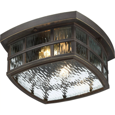 Stonington Outdoor Flush Mount Ceiling Light With 12 Inch Two Light Palladian Bronze Finish, showing water glass detail