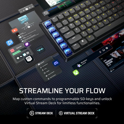 Next Level Wireless RGB Gaming Keyboard With Sleek Aluminum Build And Zero Clutter 99 Percent Layout providing Stream Deck integration.